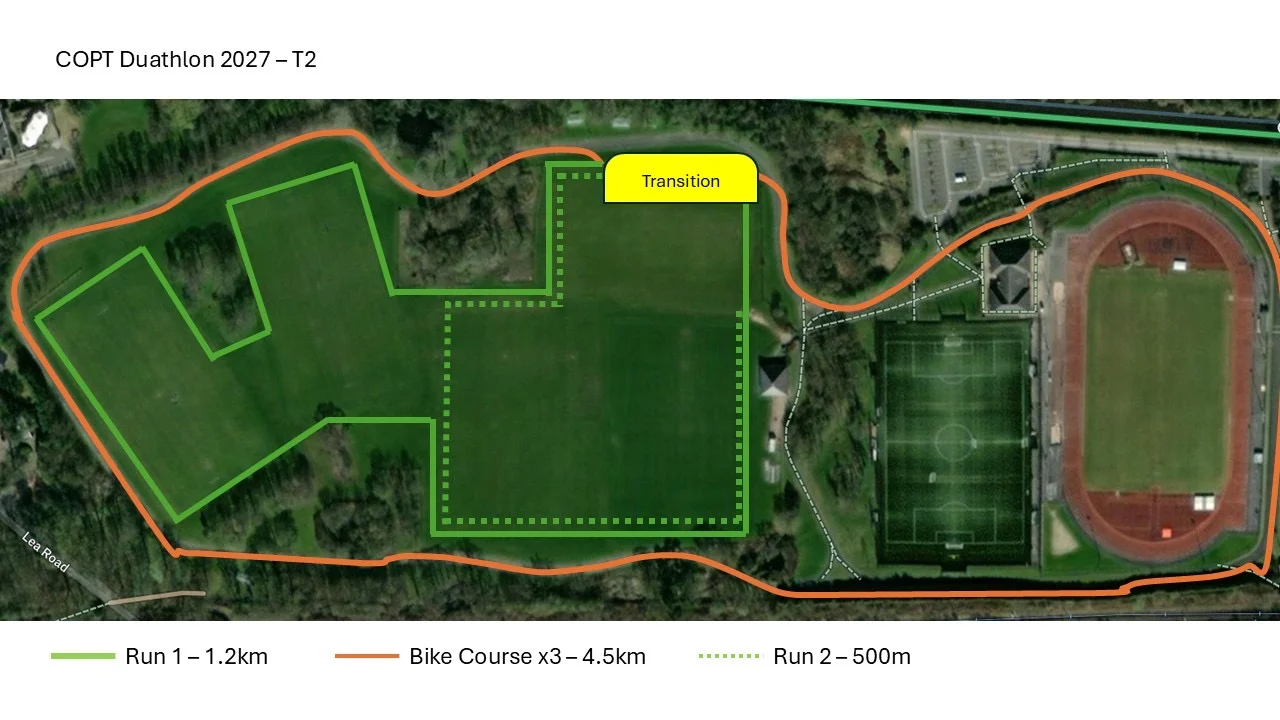 Course map for the T2 race: a 1.2km first run on the field, three laps of the cycle track, then a 500m second run