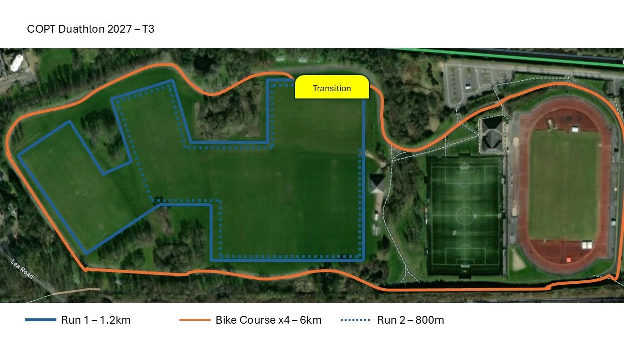 Aerial course map of the Fun Kids Duathlon at UCLan Sports Arena